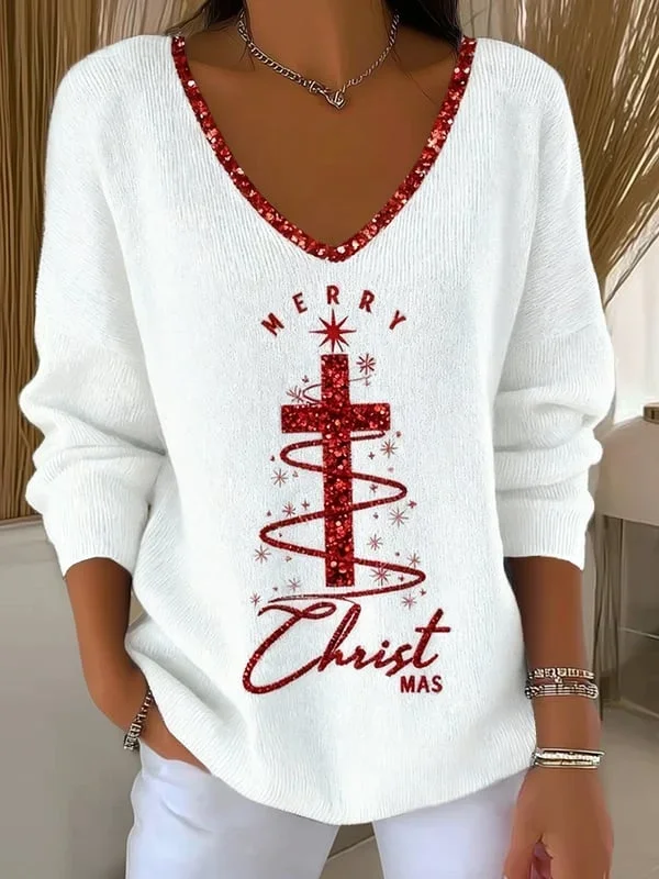 Casual Christmas V Neck Long Sleeve T-shirt
