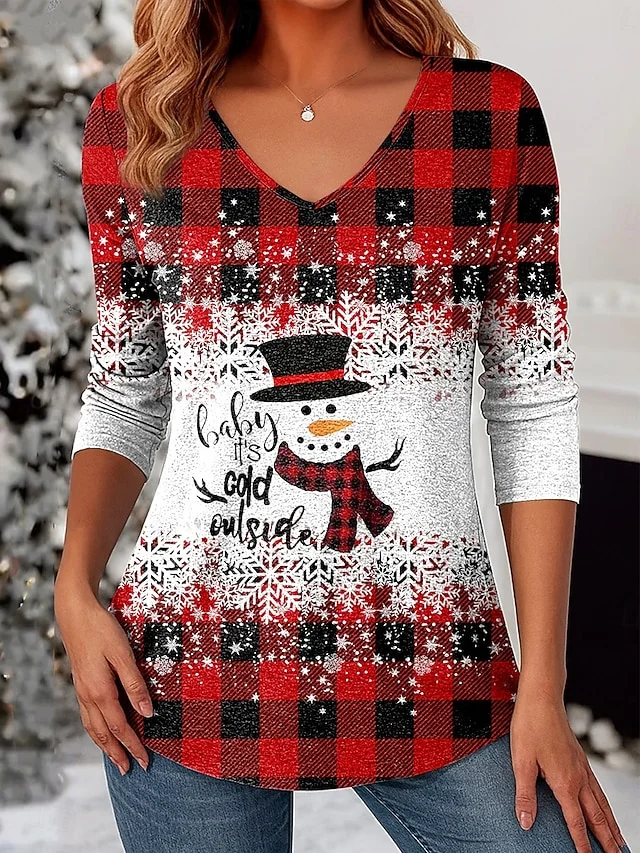 Casual Christmas V Neck Long Sleeve T-shirt