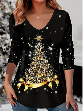 Casual Christmas V Neck Long Sleeve T-shirt