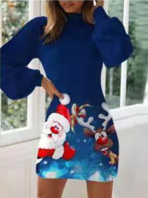 Women Christmas Snowman Balloon Sleeve Spring/Fall Printing Dress Crew Neck Long Sleeve Hip Skirt A-Line Dress