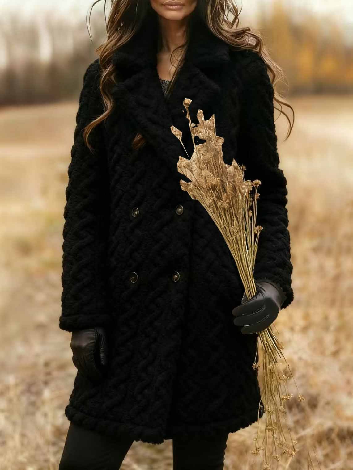 Women Winter Outerwear Casual Jacquard Plain Long Sleeve Shawl Collar Jacket