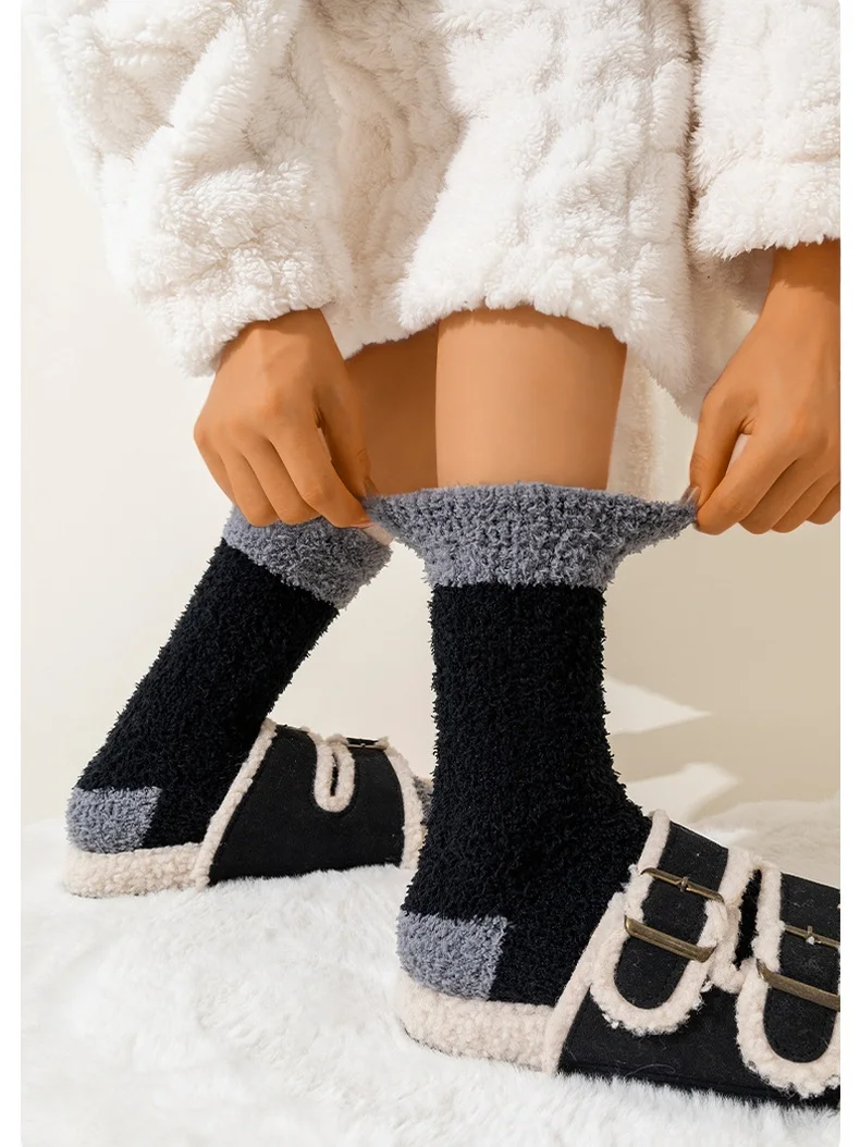 Coral Fleece Mid-calf Socks Autumn And Winter Women's Home Warm Fleece-lined Thick Plush Socks For Floors