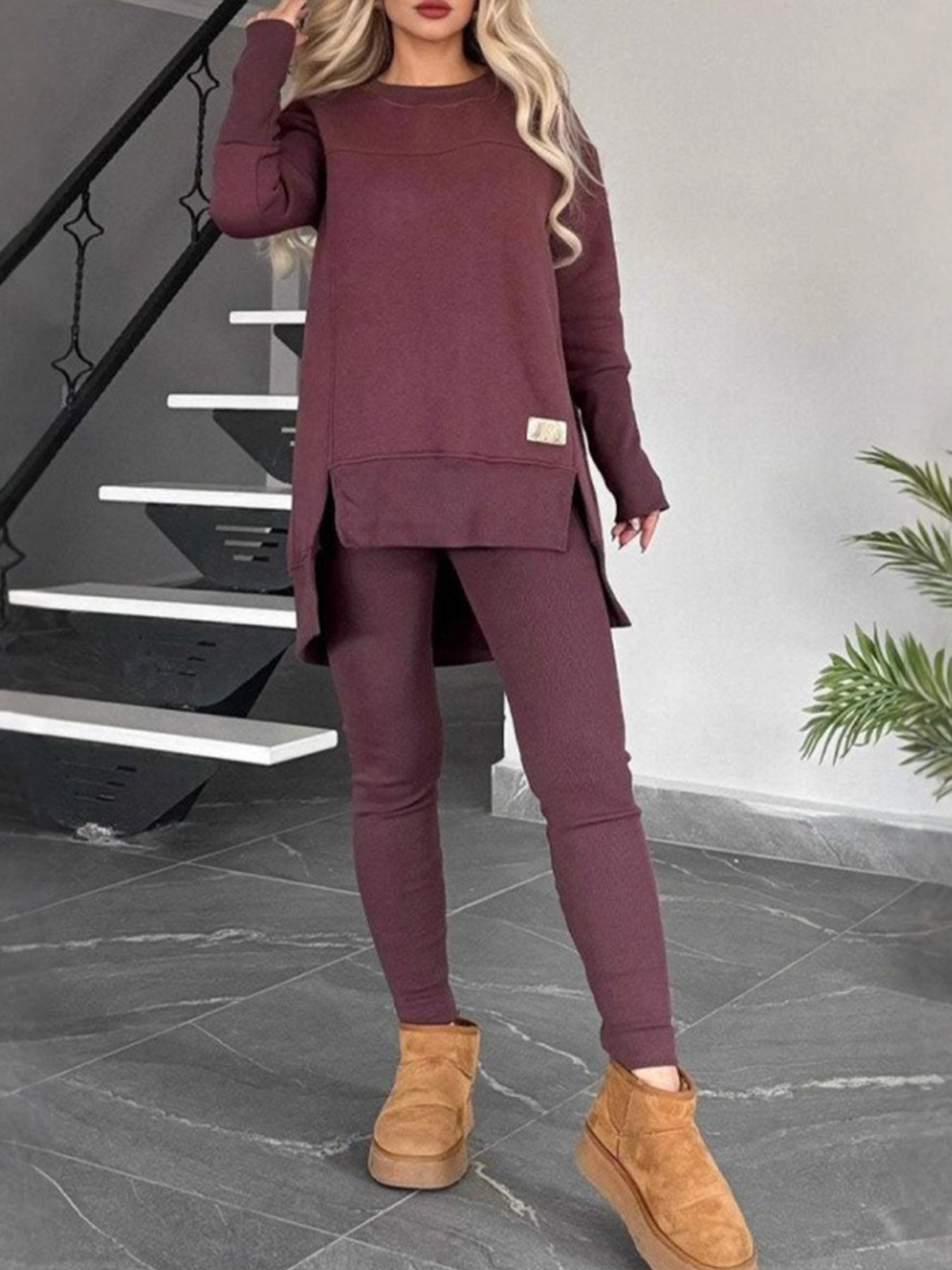 Women Plain Beaded Two-Piece Set Daily Long Sleeve Casual Spring/Fall Top With Pants Matching Set