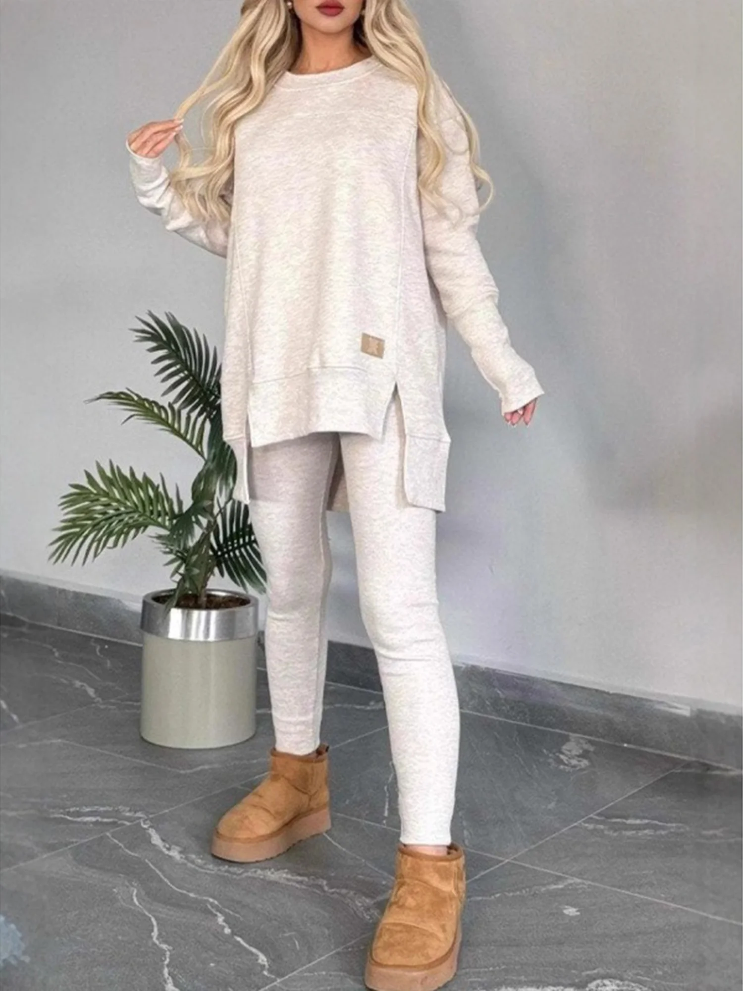 Women Plain Beaded Two-Piece Set Daily Long Sleeve Casual Spring/Fall Top With Pants Matching Set