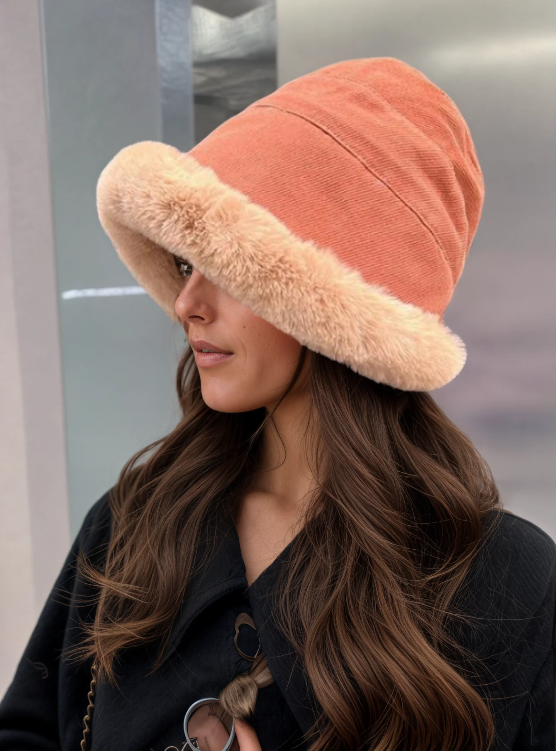 Thickened Fleece-lined Warm Fisherman's Hat For Autumn And Winter Lamb Fleece-lined Bucket Hat, Winter Fleece-lined Rolled Brim Hat