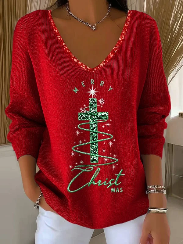 Casual Christmas V Neck Long Sleeve T-shirt