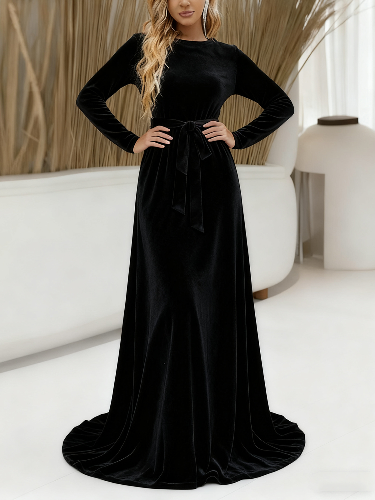 Women Plain Summer Dress Crew Neck Long Sleeve A-Line Dress