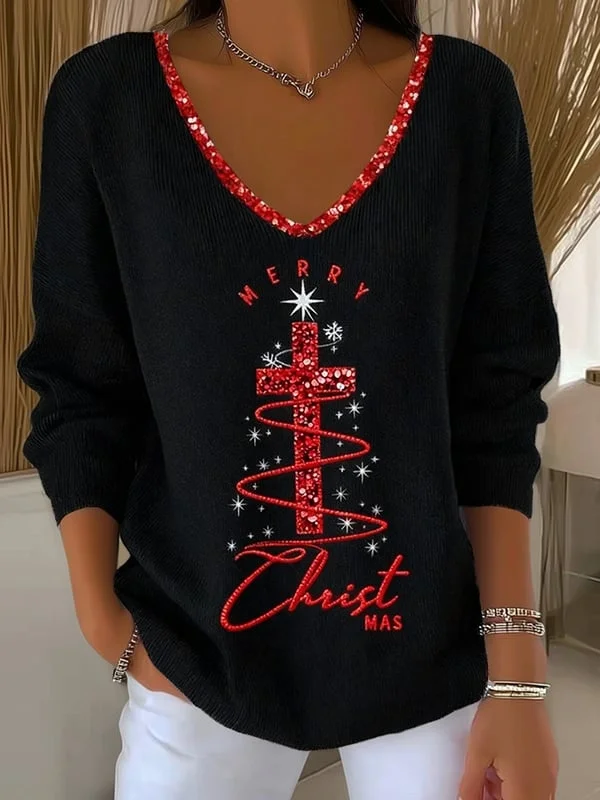 Casual Christmas V Neck Long Sleeve T-shirt