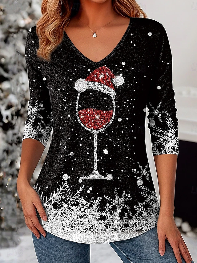 Casual Christmas V Neck Long Sleeve T-shirt