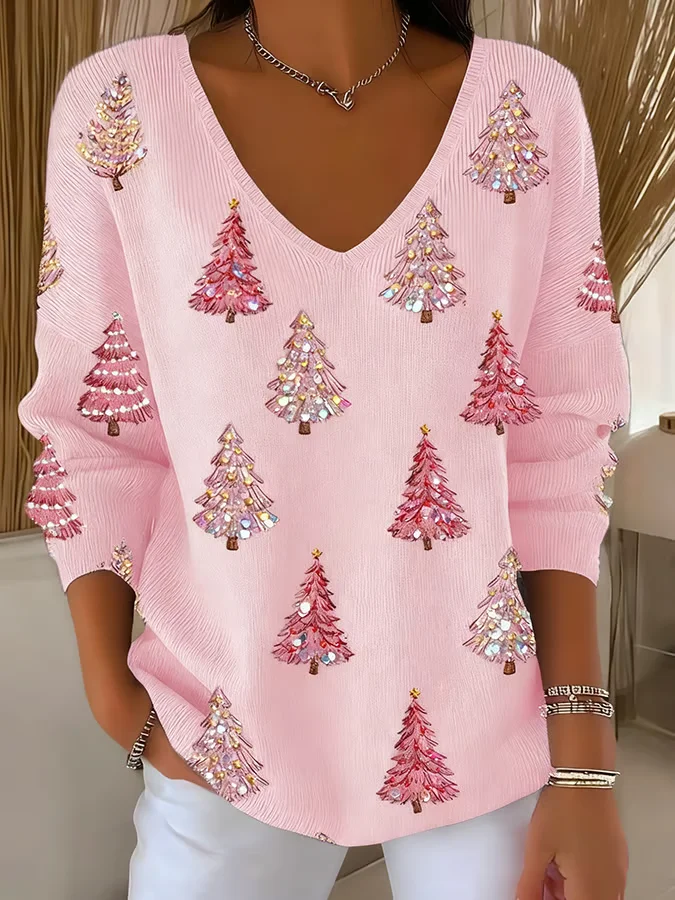 Casual Christmas V Neck Long Sleeve T-shirt