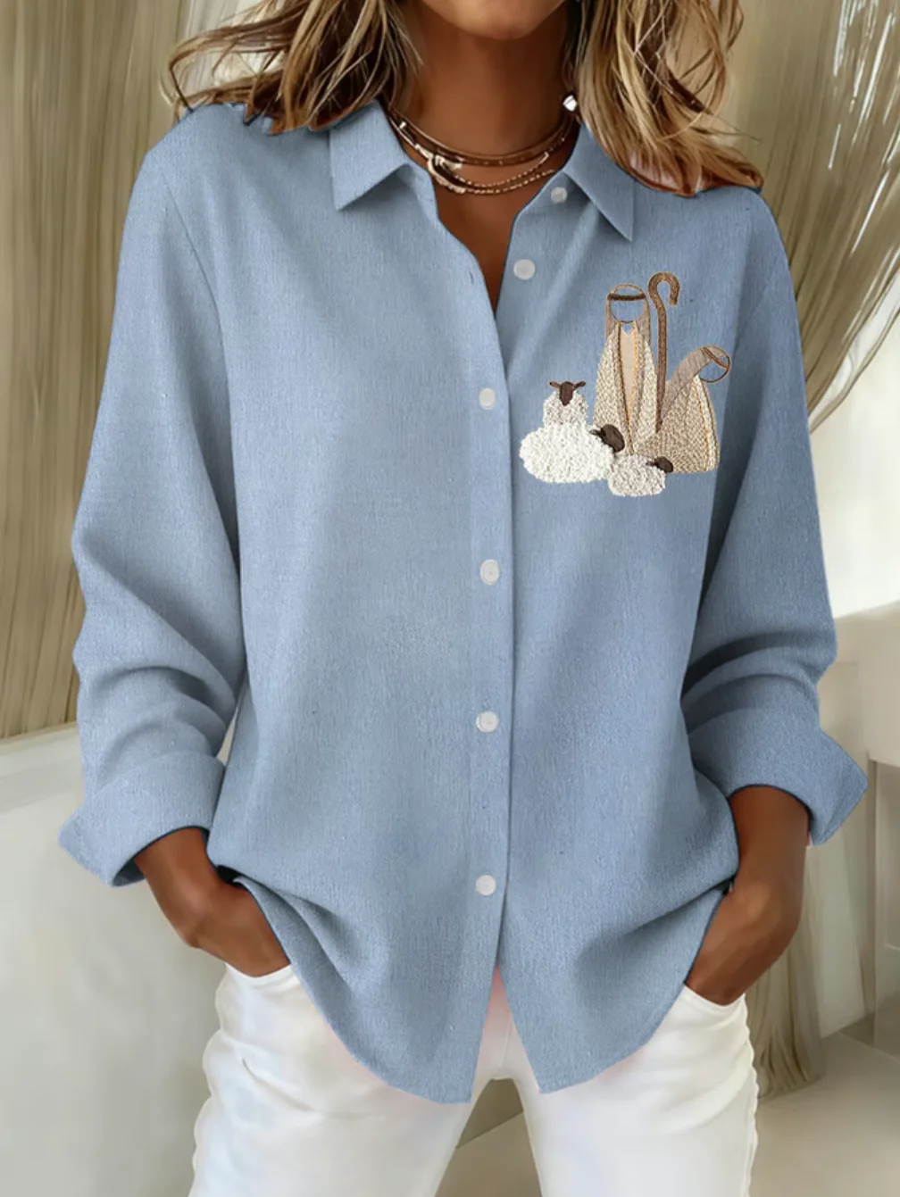 Shirt Collar Long Sleeve Christmas Regular Loose Shirt For Women