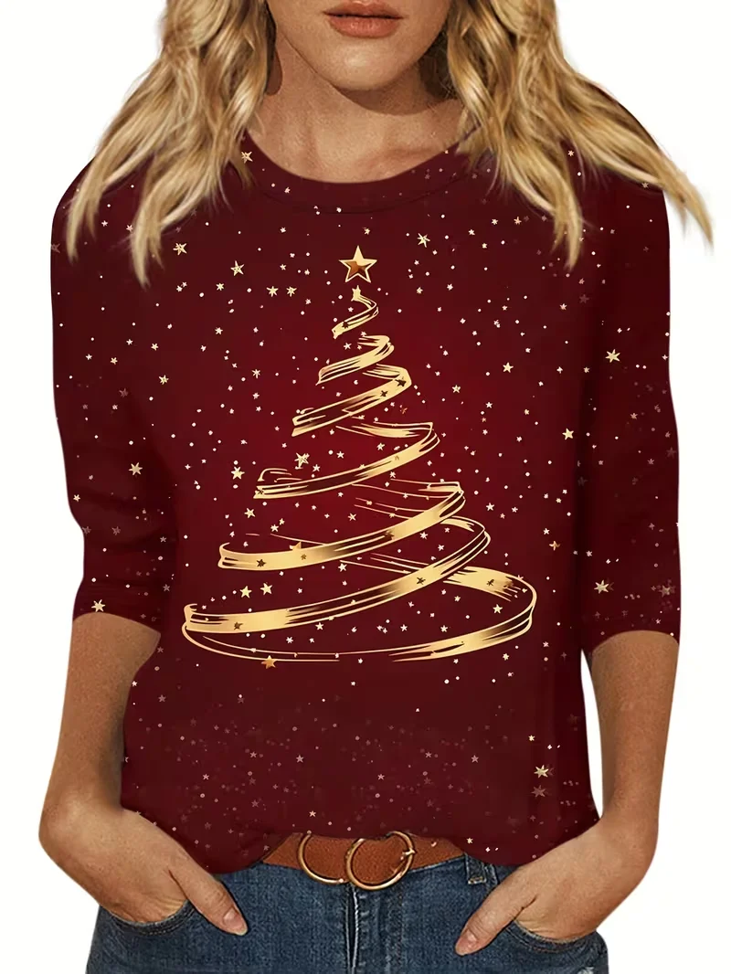 Casual Christmas Crew Neck Long Sleeve T-shirt