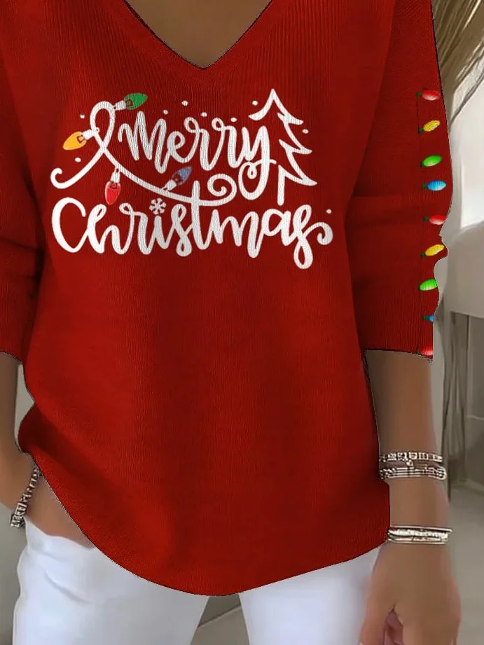Casual Christmas V Neck Long Sleeve T-shirt