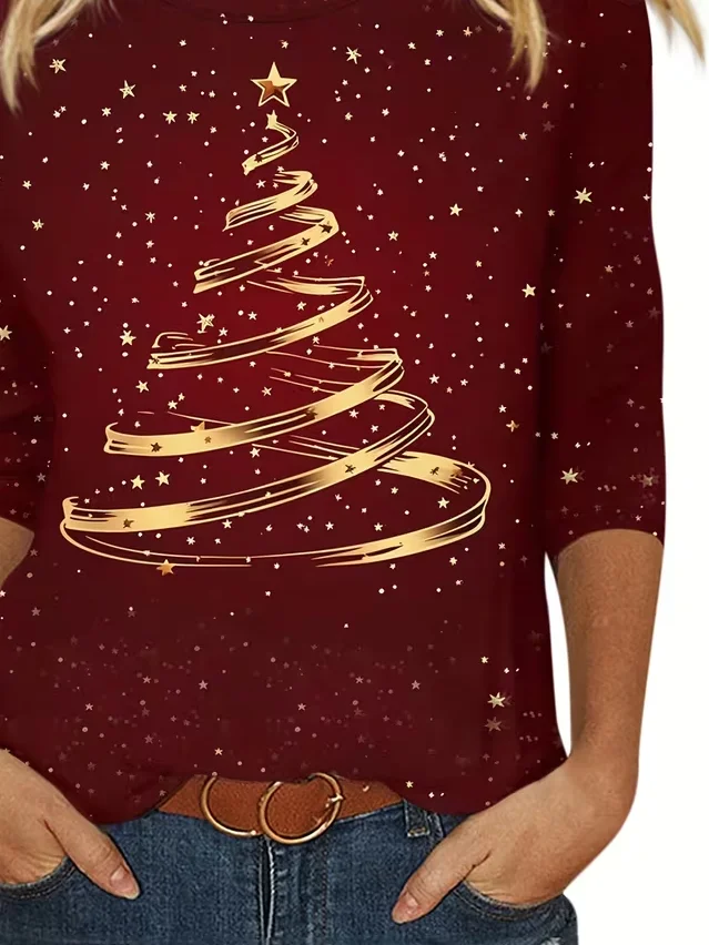 Casual Christmas Crew Neck Long Sleeve T-shirt