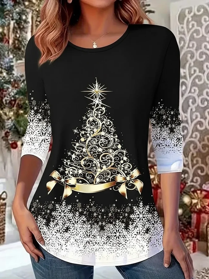 Casual Christmas Crew Neck Long Sleeve T-shirt