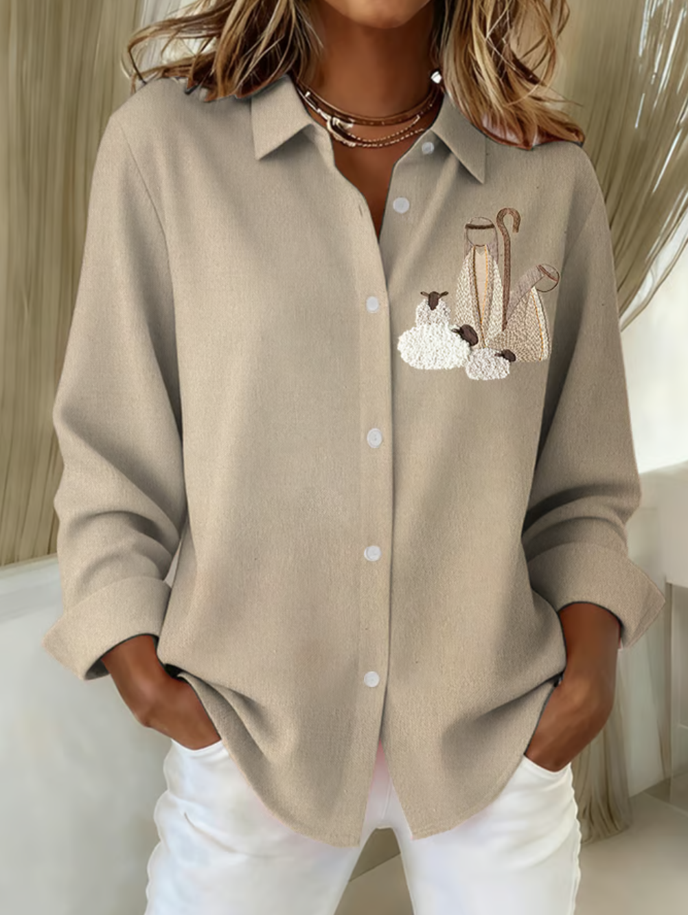 Shirt Collar Long Sleeve Christmas Regular Loose Shirt For Women