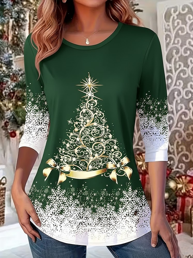 Casual Christmas Crew Neck Long Sleeve T-shirt