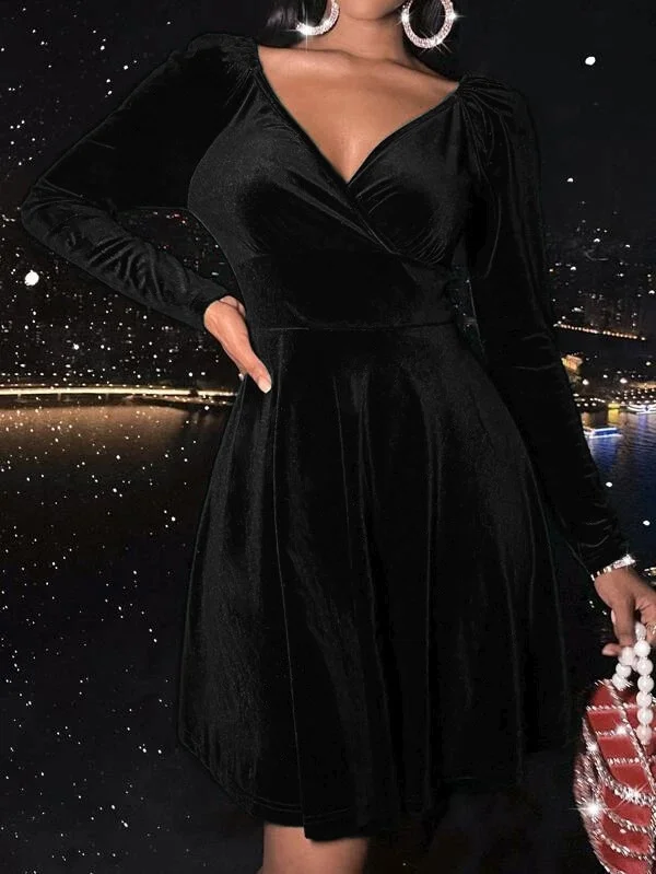 Women Plain Spring/Fall Split Joint Dress V Neck Long Sleeve Party Dress A-Line Dress