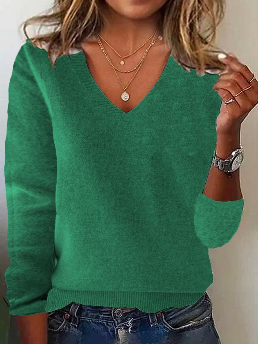 Women Wool-Blend Plain Long Sleeve Comfy Vintage Sweater