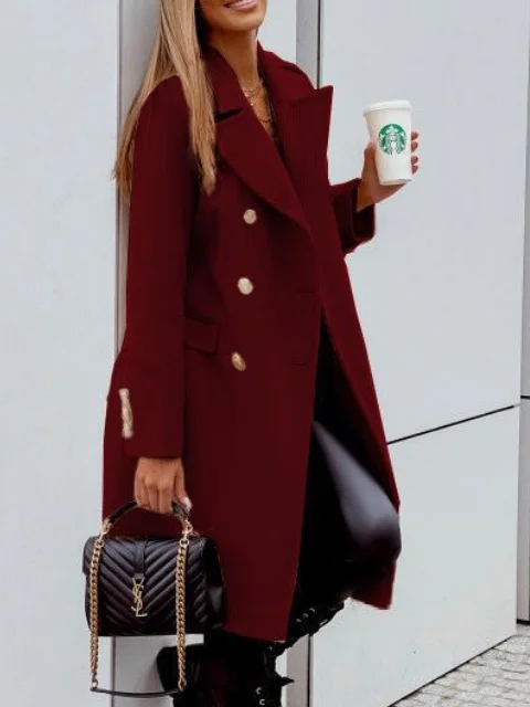 Women Winter Outerwear Casual Split Joint Plain Long Sleeve Shawl Collar Jacket