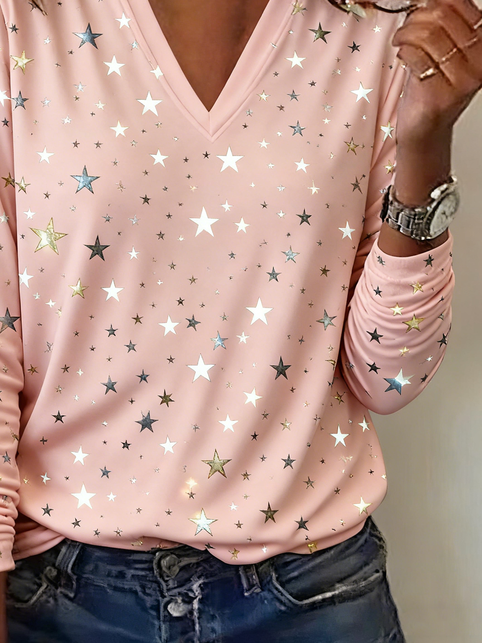 Casual Star V Neck Long Sleeve T-shirt