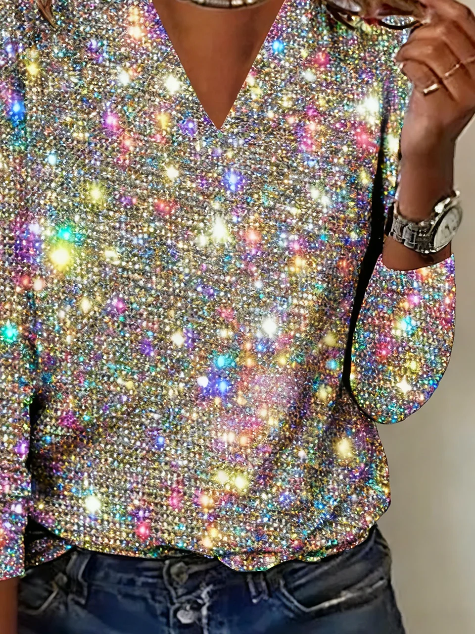 Elegant Gradient Pattern V Neck Long Sleeve T-shirt