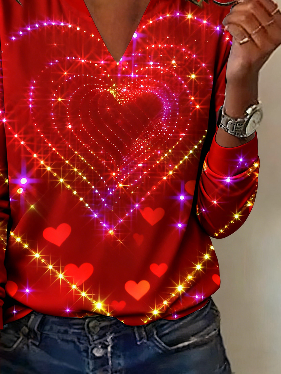 Casual Gradient Pattern V Neck Long Sleeve T-shirt