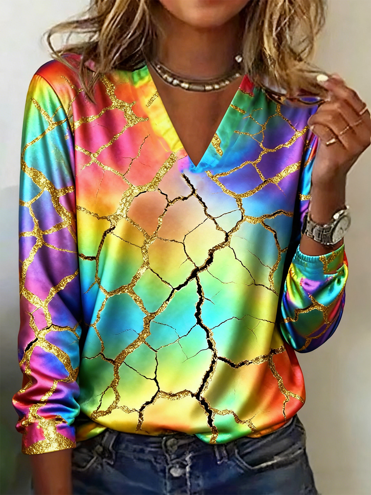 Casual Geometric V Neck Long Sleeve T-shirt
