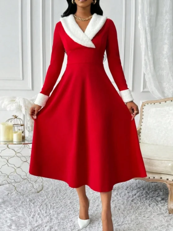 Women Plain Spring/Fall Split Joint Dress V Neck Long Sleeve Tank A-Line Dress