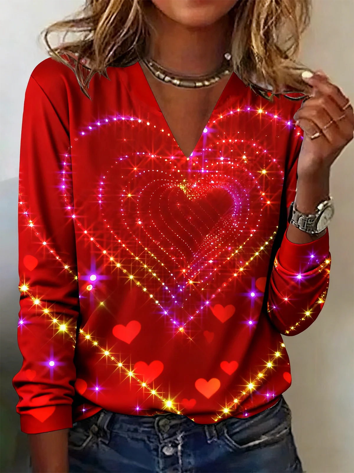 Casual Gradient Pattern V Neck Long Sleeve T-shirt