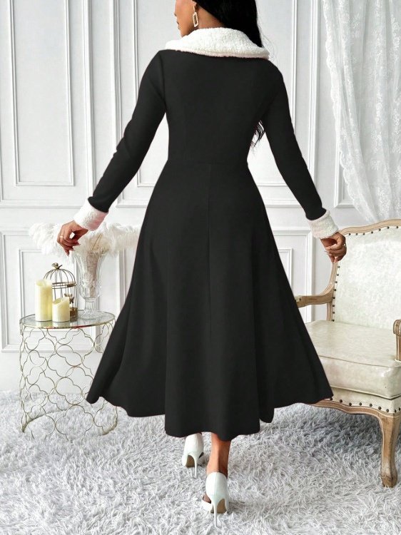 Women Plain Spring/Fall Split Joint Dress V Neck Long Sleeve Tank A-Line Dress