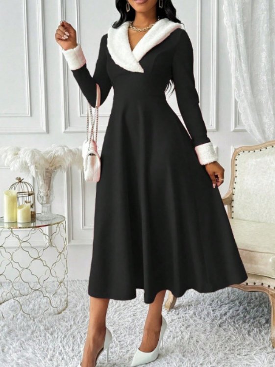 Women Plain Spring/Fall Split Joint Dress V Neck Long Sleeve Tank A-Line Dress