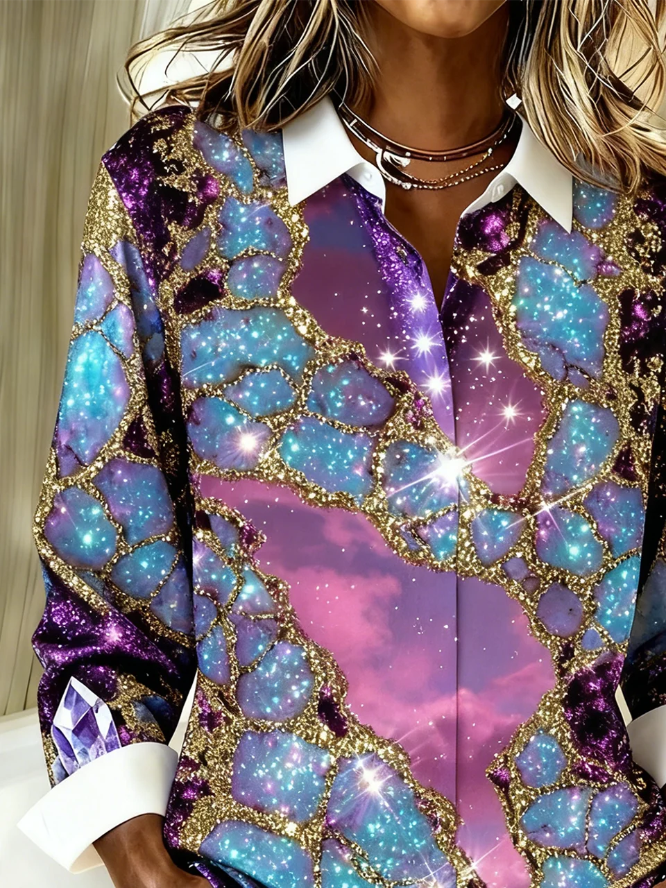 Shirt Collar Long Sleeve Geometric Regular Loose Shirt For Women