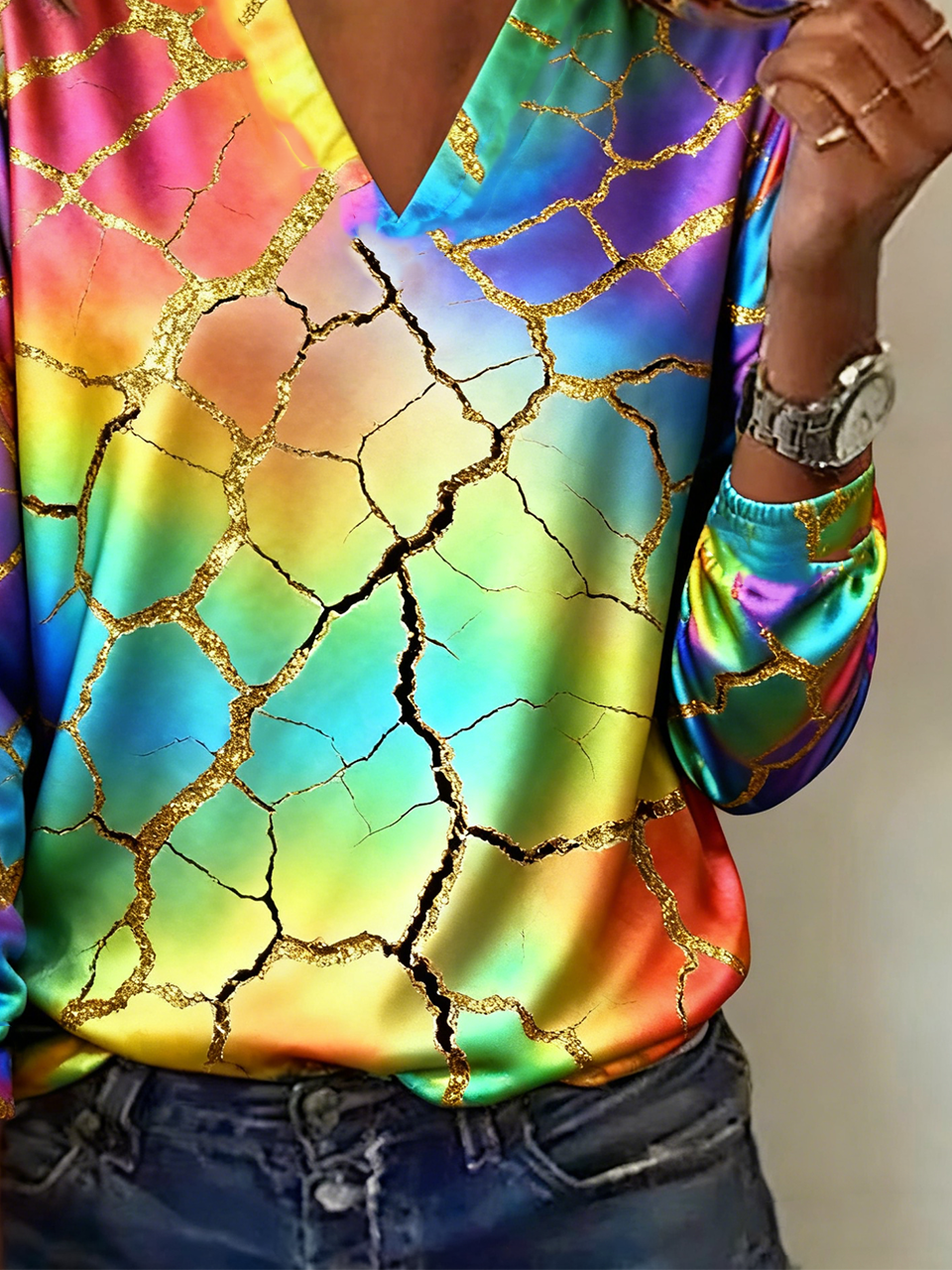 Casual Geometric V Neck Long Sleeve T-shirt