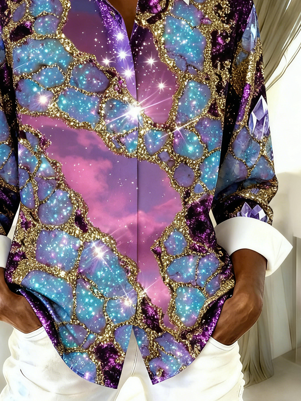 Shirt Collar Long Sleeve Geometric Regular Loose Shirt For Women