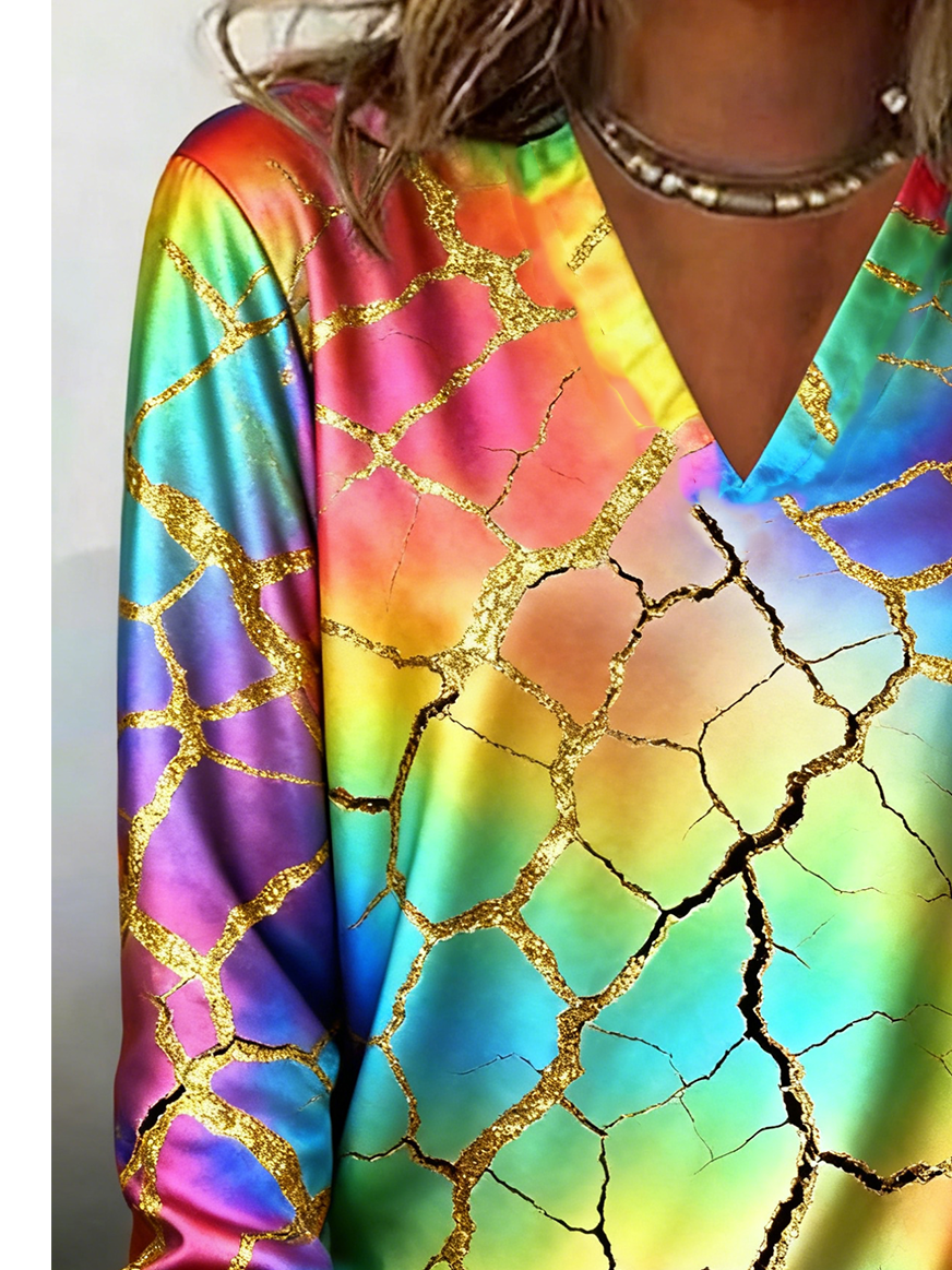 Casual Geometric V Neck Long Sleeve T-shirt