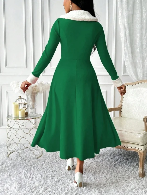 Women Plain Spring/Fall Split Joint Dress V Neck Long Sleeve Tank A-Line Dress