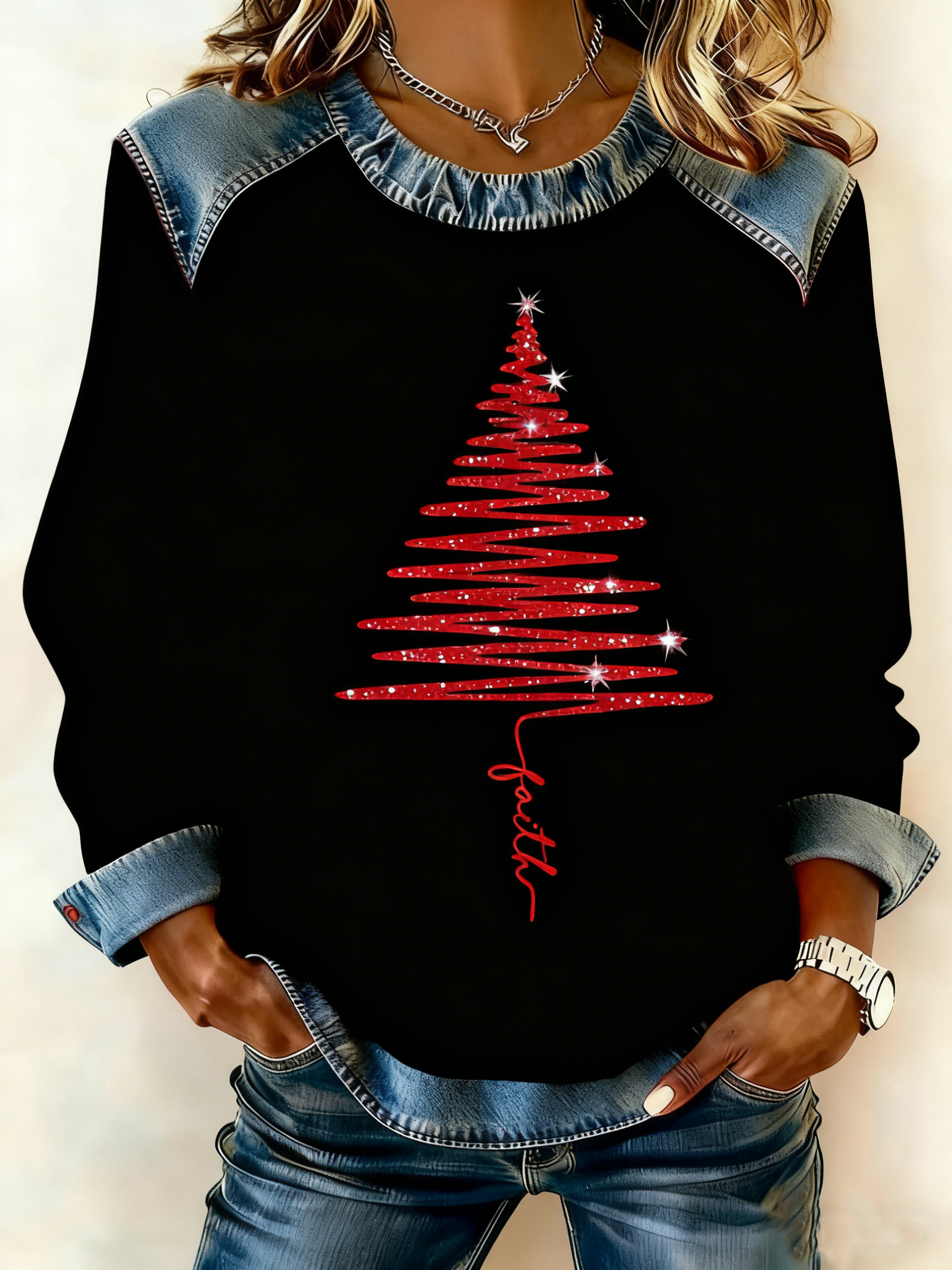 Casual Crew Neck Snowflake Sweatshirt