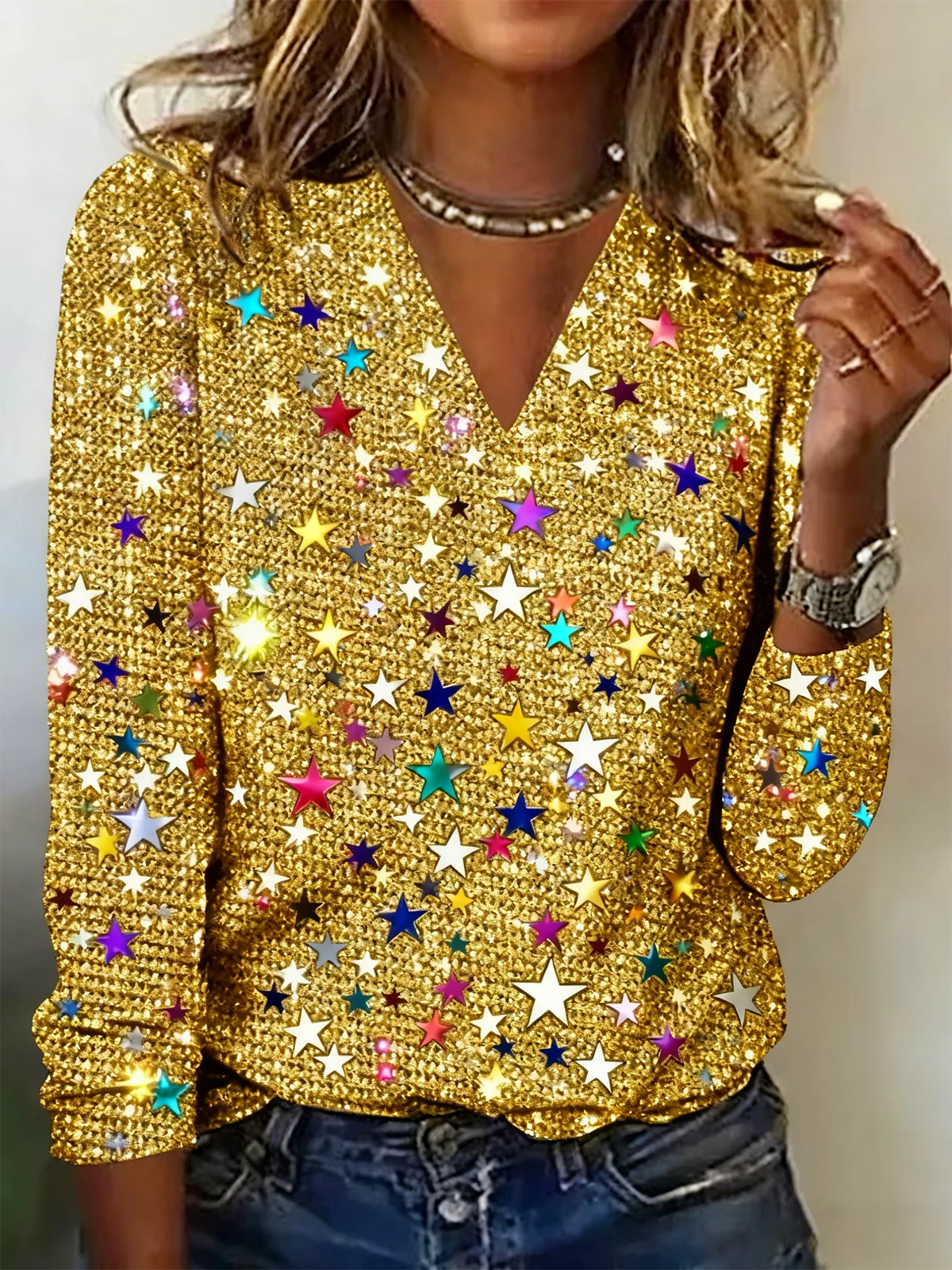 Casual Star V Neck Long Sleeve T-shirt