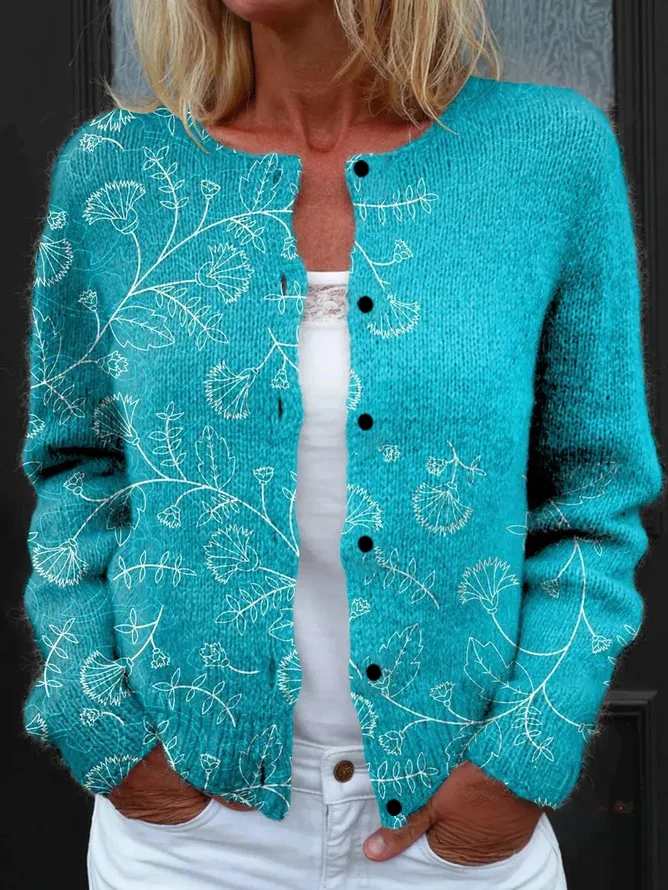 Women Knitted Geometric Long Sleeve Comfy Vintage Cardigan