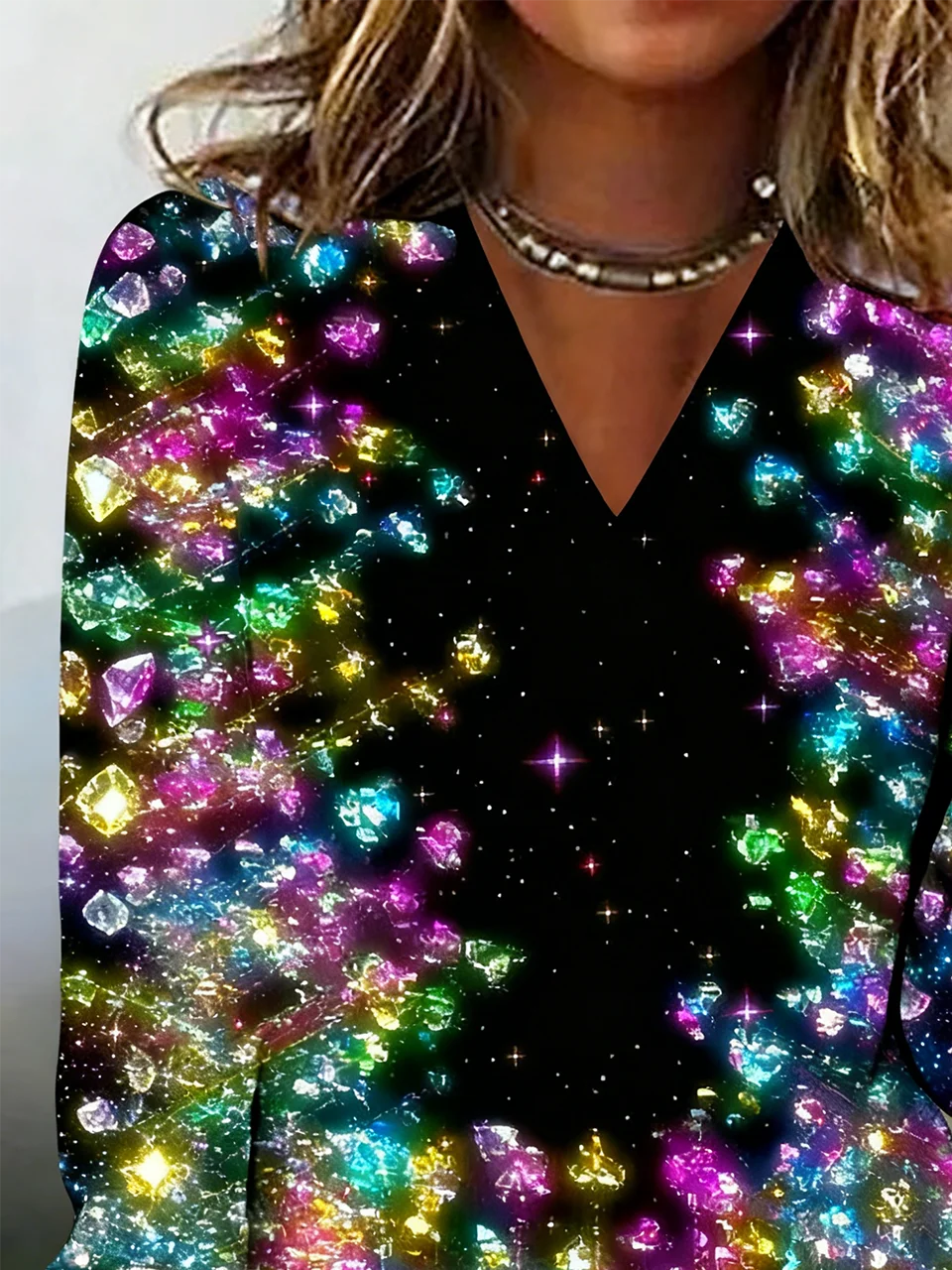 Casual Gradient Pattern V Neck Long Sleeve T-shirt