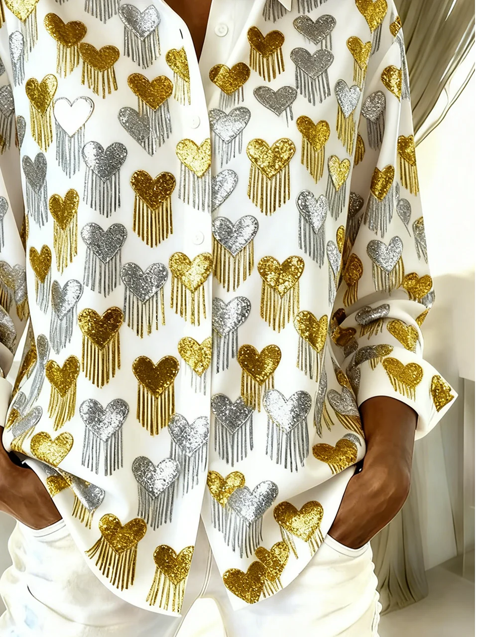 Shirt Collar Long Sleeve Heart/Cordate Regular Loose Shirt For Women