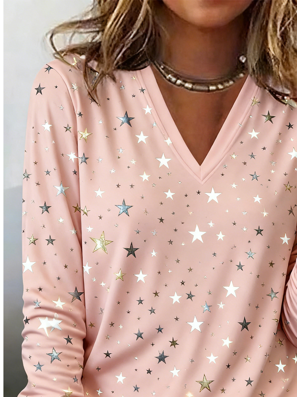 Casual Star V Neck Long Sleeve T-shirt