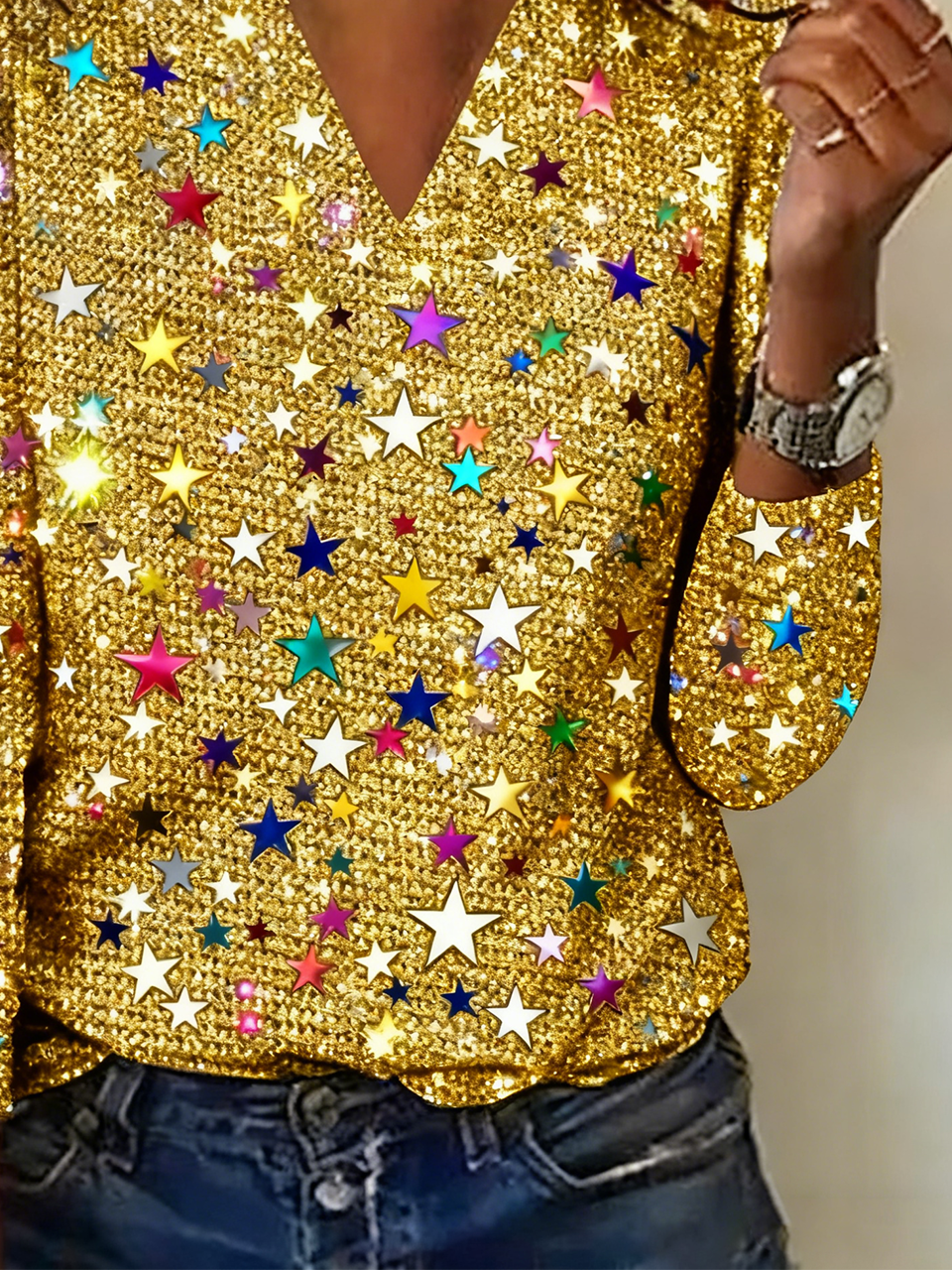 Casual Star V Neck Long Sleeve T-shirt