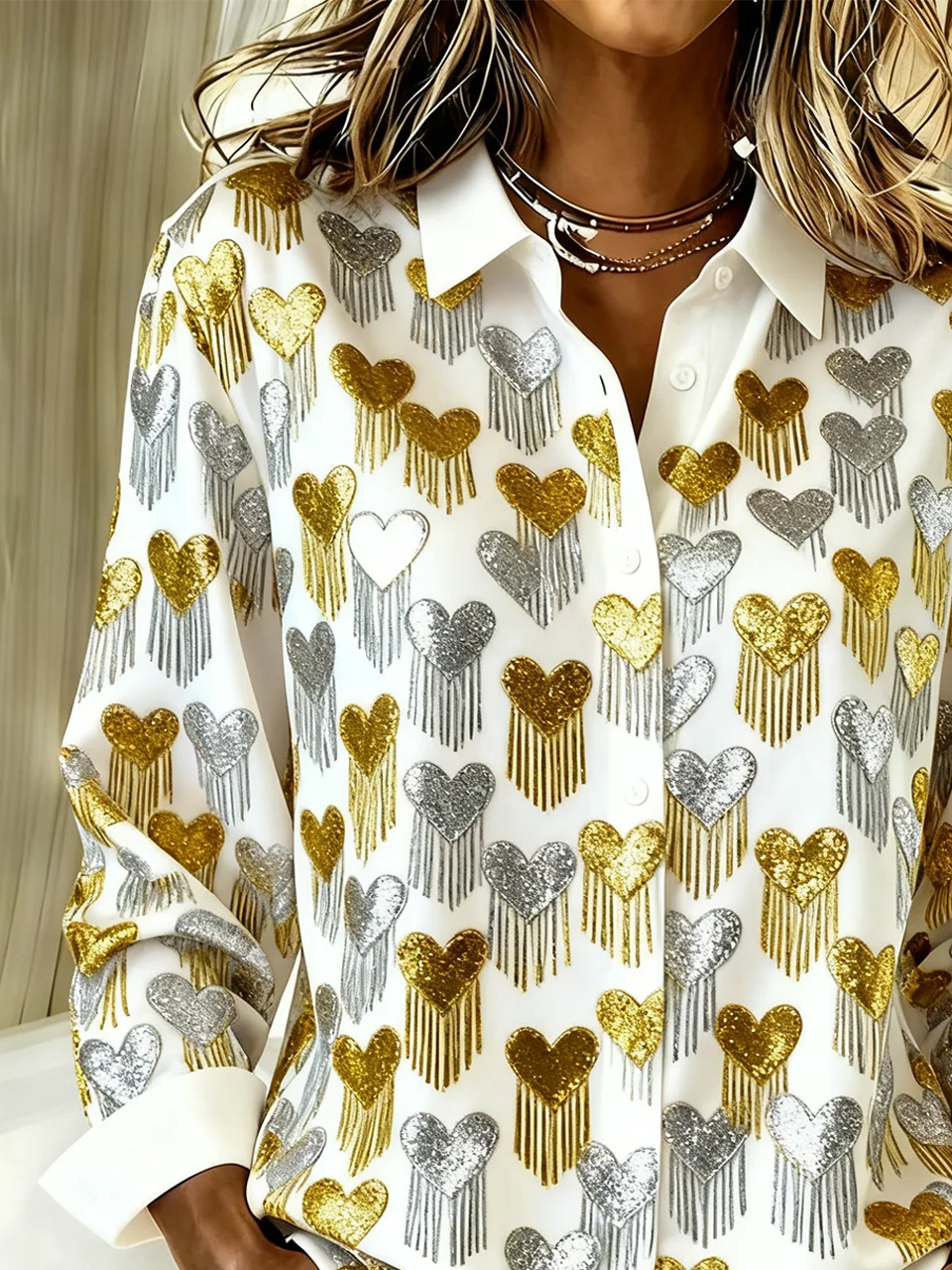 Shirt Collar Long Sleeve Heart/Cordate Regular Loose Shirt For Women