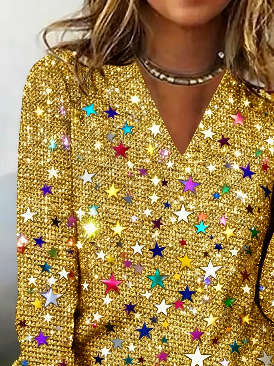 Casual Star V Neck Long Sleeve T-shirt