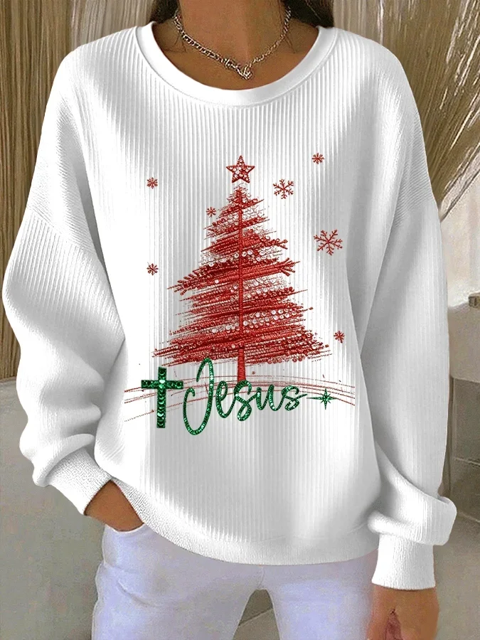Casual Crew Neck Christmas Sweatshirt Printing