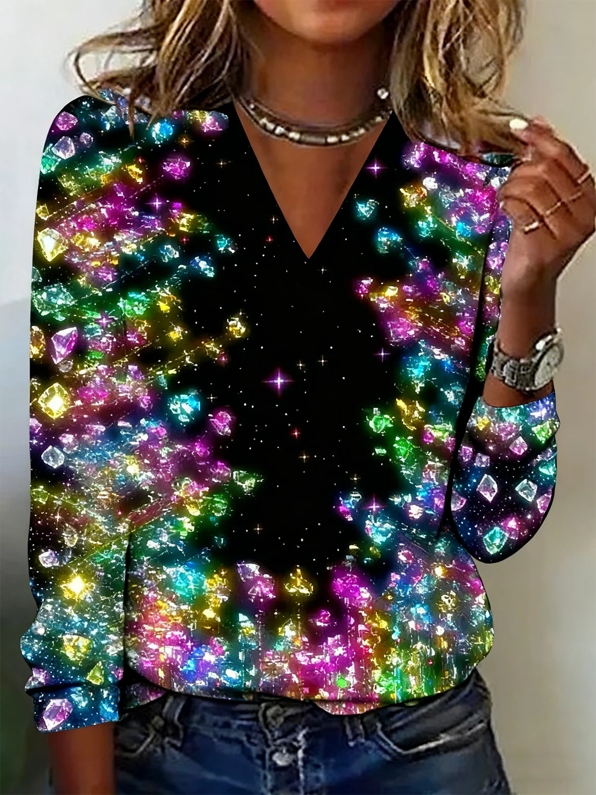 Casual Gradient Pattern V Neck Long Sleeve T-shirt