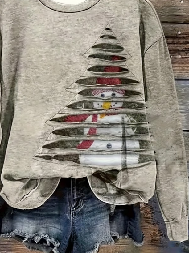 Casual Crew Neck Christmas Snowman Sweatshirt Printing