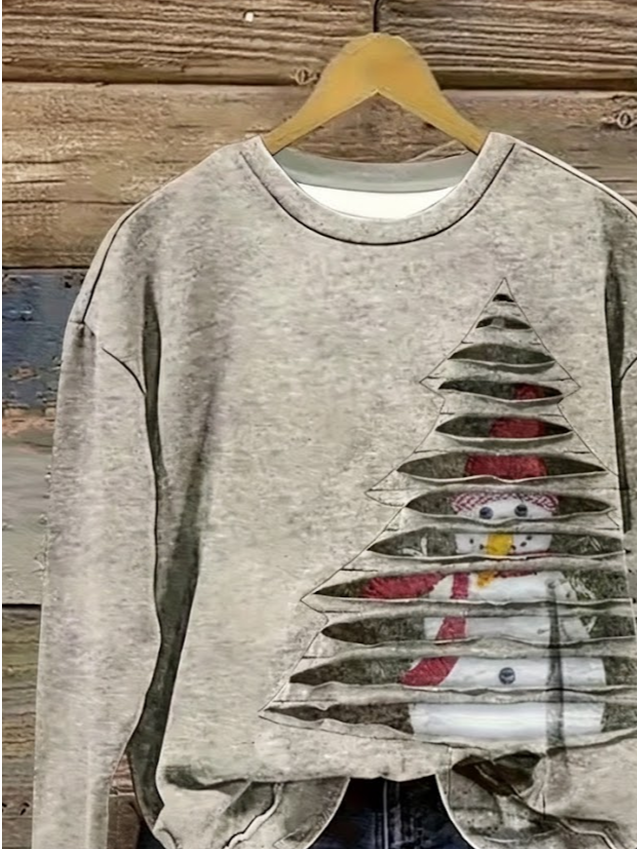 Casual Crew Neck Christmas Snowman Sweatshirt Printing